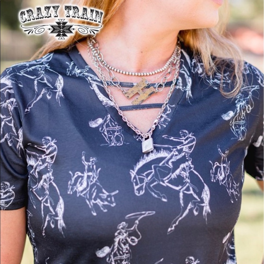 Crazy Train Black Graphic Rodeo V-Neck Tee